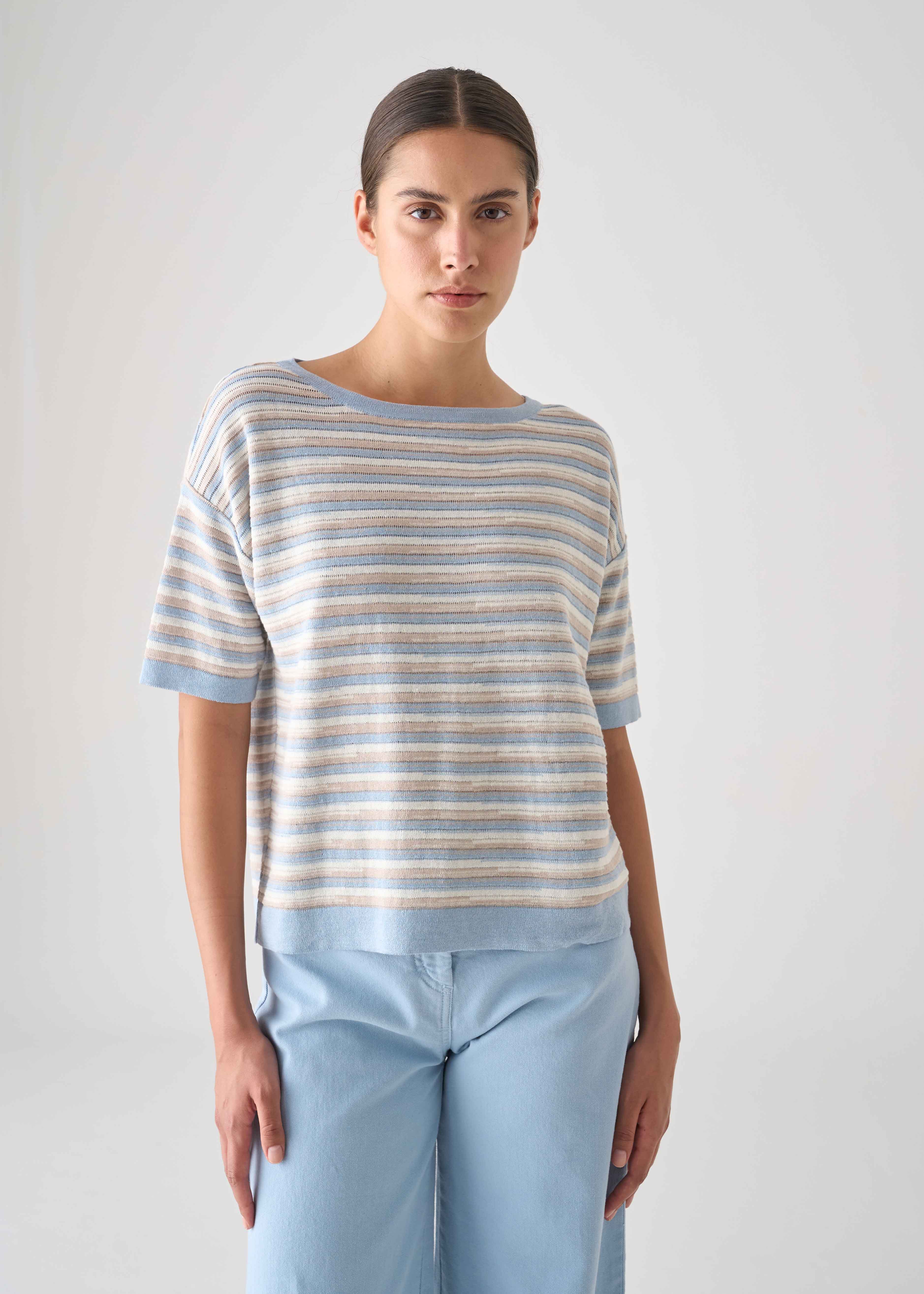 T-shirt in maglia in lino e cotone multicolor